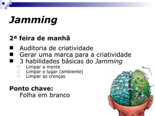 Jamming 2ª feira de manhã Auditoria de criatividade Gerar uma marca para a criatividade 3 habilidades básicas do  Jamming Limpar a mente Limpar o lugar (ambiente) Limpar as crenças Ponto chave: Folha em branco 