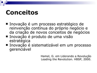 Conceitos Inovação é o uso comercialmente bem sucedido de uma invenção Frank R. Bacon & Thomas Butler – Planned Innovation - New York. Free Press 1998 Inovação é atribuir novas capacidades aos recursos existentes na empresa, gerando riqueza Drucker, Peter F. Innovation & Entrepreneurship. New York. Harper Business. 1993 
