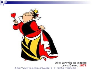 "E correram em silêncio por algum tempo, o vento assobiando nos ouvidos de Alice e, imaginou, quase lhe arrancando fora os cabelos. "Vamos! Vamos!" gritou a Rainha. "Mais rápido! Mais rápido!" E correram tão depressa que por fim pareciam deslizar pelo ar, mal roçando o chão com os pés, até que de repente, bem quando Alice estava ficando completamente exausta, pararam, e ela se viu sentada no chão, esbaforida e tonta. A Rainha a recostou contra uma árvore e disse gentilmente: "Pode descansar um pouco agora.” 