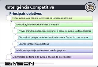 Inteligência Competitiva
Evitar surpresas e reduzir incertezas na tomada de decisão
Identificação de oportunidades e ameaças
Prever grandes mudanças estruturais e prevenir surpresas tecnológicas
Ter melhor perspectiva da capacidade atual e futura do concorrente
Ganhar vantagem competitiva
Melhorar o planejamento de curto e longo prazo
Minimização do tempo de busca e análise de informações
Principais objetivos
 