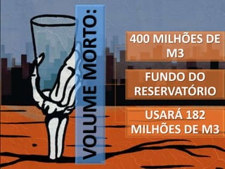VOLUME MORTO: 
400 MILHÕES DE 
M3 
FUNDO DO 
RESERVATÓRIO 
USARÁ 182 
MILHÕES DE M3 
 