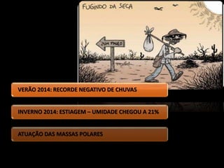 VERÃO 2014: RECORDE NEGATIVO DE CHUVAS 
INVERNO 2014: ESTIAGEM – UMIDADE CHEGOU A 21% 
ATUAÇÃO DAS MASSAS POLARES 
 