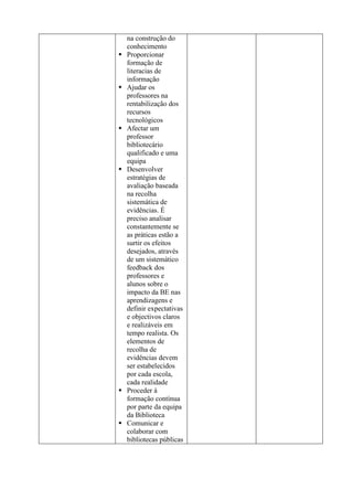 na construção do
conhecimento
Proporcionar
formação de
literacias de
informação
Ajudar os
professores na
rentabilização dos
recursos
tecnológicos
Afectar um
professor
bibliotecário
qualificado e uma
equipa
Desenvolver
estratégias de
avaliação baseada
na recolha
sistemática de
evidências. É
preciso analisar
constantemente se
as práticas estão a
surtir os efeitos
desejados, através
de um sistemático
feedback dos
professores e
alunos sobre o
impacto da BE nas
aprendizagens e
definir expectativas
e objectivos claros
e realizáveis em
tempo realista. Os
elementos de
recolha de
evidências devem
ser estabelecidos
por cada escola,
cada realidade
Proceder à
formação contínua
por parte da equipa
da Biblioteca
Comunicar e
colaborar com
bibliotecas públicas
 