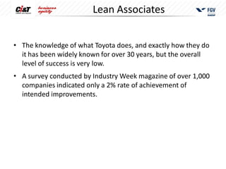 Lean Associates


• The knowledge of what Toyota does, and exactly how they do
  it has been widely known for over 30 years, but the overall
  level of success is very low.
• A survey conducted by Industry Week magazine of over 1,000
  companies indicated only a 2% rate of achievement of
  intended improvements.
 