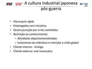 A cultura industrial japonesa
                    pós-guerra

• Hierarquia rígida
• Empregados sem iniciativa
• Severa punição por erros cometidos
• Restrição ao conhecimento:
   – Atividades departamentalizadas
   – Isolamento do indivíduo e restrição à visão global
• Cliente interno: inimigo
• Cliente externo: mal necessário
 
