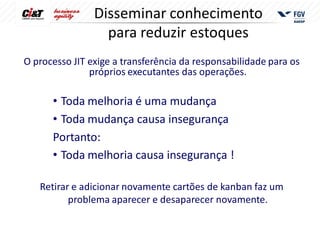 Disseminar conhecimento
                  para reduzir estoques
O processo JIT exige a transferência da responsabilidade para os
               próprios executantes das operações.

      • Toda melhoria é uma mudança
      • Toda mudança causa insegurança
      Portanto:
      • Toda melhoria causa insegurança !

   Retirar e adicionar novamente cartões de kanban faz um
          problema aparecer e desaparecer novamente.
 