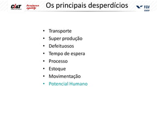 Os principais desperdícios


•   Transporte
•   Super produção
•   Defeituosos
•   Tempo de espera
•   Processo
•   Estoque
•   Movimentação
•   Potencial Humano
 