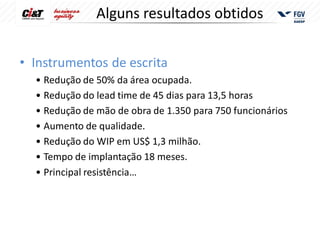 Alguns resultados obtidos


• Instrumentos de escrita
  • Redução de 50% da área ocupada.
  • Redução do lead time de 45 dias para 13,5 horas
  • Redução de mão de obra de 1.350 para 750 funcionários
  • Aumento de qualidade.
  • Redução do WIP em US$ 1,3 milhão.
  • Tempo de implantação 18 meses.
  • Principal resistência…
 