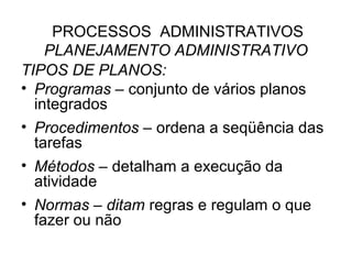 PROCESSOS ADMINISTRATIVOS
    PLANEJAMENTO ADMINISTRATIVO
TIPOS DE PLANOS:
• Programas – conjunto de vários planos
  integrados
• Procedimentos – ordena a seqüência das
  tarefas
• Métodos – detalham a execução da
  atividade
• Normas – ditam regras e regulam o que
  fazer ou não
 