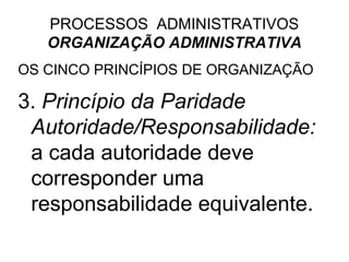 PROCESSOS ADMINISTRATIVOS
   ORGANIZAÇÃO ADMINISTRATIVA
OS CINCO PRINCÍPIOS DE ORGANIZAÇÃO

3. Princípio da Paridade
 Autoridade/Responsabilidade:
 a cada autoridade deve
 corresponder uma
 responsabilidade equivalente.
 