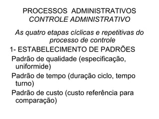 PROCESSOS ADMINISTRATIVOS
     CONTROLE ADMINISTRATIVO
  As quatro etapas cíclicas e repetitivas do
             processo de controle
1- ESTABELECIMENTO DE PADRÕES
Padrão de qualidade (especificação,
  uniformide)
Padrão de tempo (duração ciclo, tempo
  turno)
Padrão de custo (custo referência para
  comparação)
 