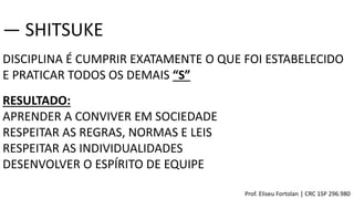 DISCIPLINA É CUMPRIR EXATAMENTE O QUE FOI ESTABELECIDO
E PRATICAR TODOS OS DEMAIS “S”
― SHITSUKE
RESULTADO:
APRENDER A CONVIVER EM SOCIEDADE
RESPEITAR AS REGRAS, NORMAS E LEIS
RESPEITAR AS INDIVIDUALIDADES
DESENVOLVER O ESPÍRITO DE EQUIPE
Prof. Eliseu Fortolan │ CRC 1SP 296.980
 