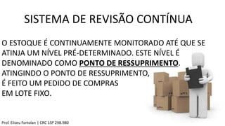 SISTEMA DE REVISÃO CONTÍNUA
Prof. Eliseu Fortolan │ CRC 1SP 298.980
O ESTOQUE É CONTINUAMENTE MONITORADO ATÉ QUE SE
ATINJA UM NÍVEL PRÉ-DETERMINADO. ESTE NÍVEL É
DENOMINADO COMO PONTO DE RESSUPRIMENTO.
ATINGINDO O PONTO DE RESSUPRIMENTO,
É FEITO UM PEDIDO DE COMPRAS
EM LOTE FIXO.
 