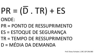 Prof. Eliseu Fortolan │ CRC 1SP 296.980
PR = (D . TR) + ES
ONDE:
PR = PONTO DE RESSUPRIMENTO
ES = ESTOQUE DE SEGURANÇA
TR = TEMPO DE RESSUPRIMENTO
D = MÉDIA DA DEMANDA
 