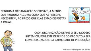 NENHUMA ORGANIZAÇÃO SOBREVIVE, A MENOS
QUE PRODUZA ALGUMA COISA QUE AS PESSOAS
NECESSITEM, AO PREÇO QUE ELAS ESTÃO DISPOSTAS
A PAGAR.
CADA ORGANIZAÇÃO DEFINE O SEU MODELO
SISTÊMICO, POIS ESTE DEPENDE DO PRODUTO A SER
COMERCIALIZADO E DA CAPACIDADE DE PRODUÇÃO.
Prof. Eliseu Fortolan │ CRC 1SP 296.980
 