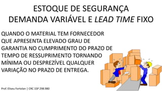 ESTOQUE DE SEGURANÇA
DEMANDA VARIÁVEL E LEAD TIME FIXO
QUANDO O MATERIAL TEM FORNECEDOR
QUE APRESENTA ELEVADO GRAU DE
GARANTIA NO CUMPRIMENTO DO PRAZO DE
TEMPO DE RESSUPRIMENTO TORNANDO
MÍNIMA OU DESPREZÍVEL QUALQUER
VARIAÇÃO NO PRAZO DE ENTREGA.
Prof. Eliseu Fortolan │ CRC 1SP 298.980
 