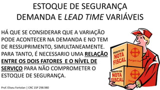 ESTOQUE DE SEGURANÇA
DEMANDA E LEAD TIME VARIÁVEIS
Prof. Eliseu Fortolan │ CRC 1SP 298.980
HÁ QUE SE CONSIDERAR QUE A VARIAÇÃO
PODE ACONTECER NA DEMANDA E NO TEMPO
DE RESSUPRIMENTO, SIMULTANEAMENTE.
PARA TANTO, É NECESSARIO UMA RELAÇÃO
ENTRE OS DOIS FATORES E O NÍVEL DE
SERVIÇO PARA NÃO COMPROMETER O
ESTOQUE DE SEGURANÇA.
 