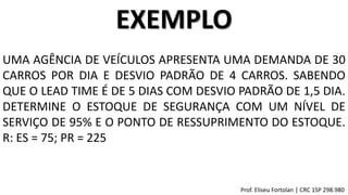 EXEMPLO
UMA AGÊNCIA DE VEÍCULOS APRESENTA UMA DEMANDA DE 30
CARROS POR DIA E DESVIO PADRÃO DE 4 CARROS. SABENDO
QUE O LEAD TIME É DE 5 DIAS COM DESVIO PADRÃO DE 1,5 DIA.
DETERMINE O ESTOQUE DE SEGURANÇA COM UM NÍVEL DE
SERVIÇO DE 95% E O PONTO DE RESSUPRIMENTO DO ESTOQUE.
R: ES = 75; PR = 225
Prof. Eliseu Fortolan │ CRC 1SP 298.980
 