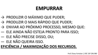 → PRODUZIR O MÁXIMO QUE PUDER;
→ PRODUZIR O MAIS RÁPIDO QUE PUDER;
→ ENVIAR AO PRÓXIMO PROCESSO, MESMO QUE:
― ELE AINDA NÃO ESTEJA PRONTO PARA ISSO;
― ELE NÃO PRECISE DISSO, OU;
― ELE NÃO QUEIRA ISSO.
EFICIÊNCIA / MAXIMIZAÇÃO DOS RECURSOS.
EMPURRAR
Prof. Eliseu Fortolan │ CRC 1SP 296.980
 