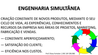 ENGENHARIA SIMULTÂNEA
CRIAÇÃO CONSTANTE DE NOVOS PRODUTOS, MEDIANTE O SEU
CICLO DE VIDA, AS EXPERIÊNCIAS, CONHECIMENTOS E
RECURSOS DA EMPRESA NAS ÁREAS DE PROJETOS, MARKETING,
FABRICAÇÃO E VENDAS.
― CONSTANTE APERFEIÇOAMENTO;
― SATISFAÇÃO DO CLIENTE;
― EFICIÊNCIA NOS CUSTOS. Prof. Eliseu Fortolan │ CRC 1SP 296.980
 