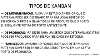 TIPOS DE KANBAN
― DE MOVIMENTAÇÃO: AVISA UM ESTÁGIO ANTERIOR QUE O
MATERIAL PODE SER DESTINADO PARA UM LOCAL ESPECÍFICO.
ESPECIFICA O TIPO E A QUANTIDADE DE PRODUTO QUE O POSTO
SUBSEQUENTE RETIRA DO POSTO ANTECEDENTE.
― DE PRODUÇÃO: IRÁ DIZER PARA UM SETOR QUE DETERMINADO ITEM
PODE SER PRODUZIDO PARA DISPONIBILIDADE EM ESTOQUE.
― FORNECEDOR: AVISARÁ AO FORNECEDOR QUE DETERMINADO
MATERIAL DEVER SER ENTREGA EM CERTO TEMPO EM UM CERTO
POSTO DE PRODUÇÃO.
Prof. Eliseu Fortolan │ CRC 1SP 296.980
 