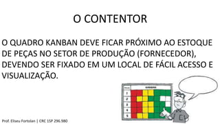 O QUADRO KANBAN DEVE FICAR PRÓXIMO AO ESTOQUE
DE PEÇAS NO SETOR DE PRODUÇÃO (FORNECEDOR),
DEVENDO SER FIXADO EM UM LOCAL DE FÁCIL ACESSO E
VISUALIZAÇÃO.
O CONTENTOR
Prof. Eliseu Fortolan │ CRC 1SP 296.980
 