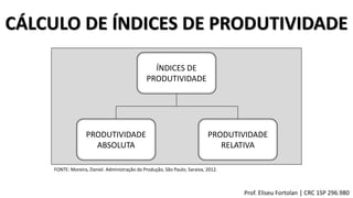 CÁLCULO DE ÍNDICES DE PRODUTIVIDADE
ÍNDICES DE
PRODUTIVIDADE
PRODUTIVIDADE
RELATIVA
PRODUTIVIDADE
ABSOLUTA
FONTE: Moreira, Daniel. Administração da Produção, São Paulo, Saraiva, 2012.
Prof. Eliseu Fortolan │ CRC 1SP 296.980
 