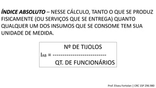 ÍNDICE ABSOLUTO – NESSE CÁLCULO, TANTO O QUE SE PRODUZ
FISICAMENTE (OU SERVIÇOS QUE SE ENTREGA) QUANTO
QUALQUER UM DOS INSUMOS QUE SE CONSOME TEM SUA
UNIDADE DE MEDIDA.
Nº DE TIJOLOS
IAB = ---------------------------
QT. DE FUNCIONÁRIOS
Prof. Eliseu Fortolan │ CRC 1SP 296.980
 