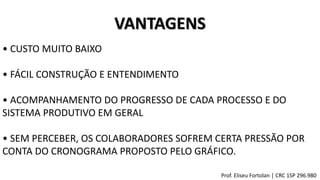 VANTAGENS
• CUSTO MUITO BAIXO
• FÁCIL CONSTRUÇÃO E ENTENDIMENTO
• ACOMPANHAMENTO DO PROGRESSO DE CADA PROCESSO E DO
SISTEMA PRODUTIVO EM GERAL
• SEM PERCEBER, OS COLABORADORES SOFREM CERTA PRESSÃO POR
CONTA DO CRONOGRAMA PROPOSTO PELO GRÁFICO.
Prof. Eliseu Fortolan │ CRC 1SP 296.980
 
