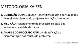METODOLOGIA KAIZEN
Prof. Eliseu Fortolan │ CRC 1SP 296.980
1. DEFINIÇÃO DO PROBLEMA – Identificação das oportunidades
de melhoria. Escolha do projeto e formação da equipe.
2. MEDIÇÃO – Mapeamento do processo, seleção dos
indicadores e coleta de dados.
3. ANÁLISE DO PROCESSO ATUAL – Identificação e
hierarquização das causas do problema.
 