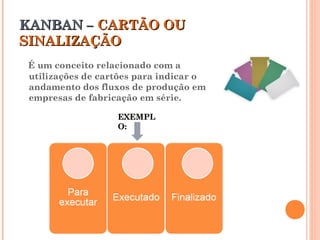 KANBAN –KANBAN – CARTÃO OUCARTÃO OU
SINALIZAÇÃOSINALIZAÇÃO
É um conceito relacionado com a
utilizações de cartões para indicar o
andamento dos fluxos de produção em
empresas de fabricação em série.
EXEMPLEXEMPL
O:O:
 