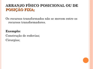 ARRANJO FÍSICO POSICIONAL OU DEARRANJO FÍSICO POSICIONAL OU DE
POSIÇÃO FIXA;POSIÇÃO FIXA;
Os recursos transformados não se movem entre os
recursos transformadores.
Exemplo:Exemplo:
Construção de rodovias;
Cirurgias;
 
