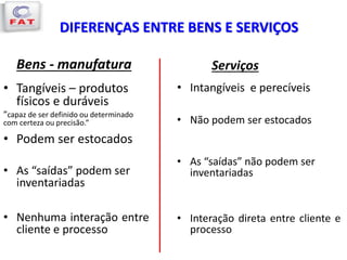 DIFERENÇAS ENTRE BENS E SERVIÇOS
Bens - manufatura
• Tangíveis – produtos
físicos e duráveis
”capaz de ser definido ou determinado
com certeza ou precisão.”
• Podem ser estocados
• As “saídas” podem ser
inventariadas
• Nenhuma interação entre
cliente e processo
Serviços
• Intangíveis e perecíveis
• Não podem ser estocados
• As “saídas” não podem ser
inventariadas
• Interação direta entre cliente e
processo
 