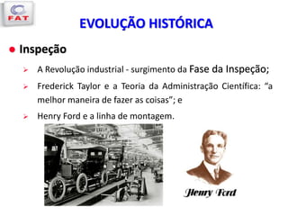 EVOLUÇÃO HISTÓRICA
 Inspeção
 A Revolução industrial - surgimento da Fase da Inspeção;
 Frederick Taylor e a Teoria da Administração Científica: “a
melhor maneira de fazer as coisas”; e
 Henry Ford e a linha de montagem.
 