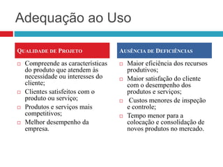 Adequação ao Uso
 Compreende as características
do produto que atendem às
necessidade ou interesses do
cliente;
 Clientes satisfeitos com o
produto ou serviço;
 Produtos e serviços mais
competitivos;
 Melhor desempenho da
empresa.
 Maior eficiência dos recursos
produtivos;
 Maior satisfação do cliente
com o desempenho dos
produtos e serviços;
 Custos menores de inspeção
e controle;
 Tempo menor para a
colocação e consolidação de
novos produtos no mercado.
QUALIDADE DE PROJETO AUSÊNCIA DE DEFICIÊNCIAS
 