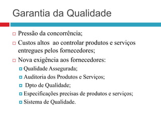 Garantia da Qualidade
 Pressão da concorrência;
 Custos altos ao controlar produtos e serviços
entregues pelos fornecedores;
 Nova exigência aos fornecedores:
 Qualidade Assegurada;
 Auditoria dos Produtos e Serviços;
 Dpto de Qualidade;
 Especificações precisas de produtos e serviços;
 Sistema de Qualidade.
 