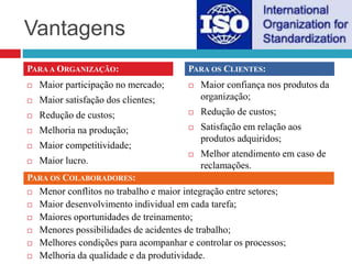 Vantagens
 Maior participação no mercado;
 Maior satisfação dos clientes;
 Redução de custos;
 Melhoria na produção;
 Maior competitividade;
 Maior lucro.
 Maior confiança nos produtos da
organização;
 Redução de custos;
 Satisfação em relação aos
produtos adquiridos;
 Melhor atendimento em caso de
reclamações.
PARA A ORGANIZAÇÃO: PARA OS CLIENTES:
 Menor conflitos no trabalho e maior integração entre setores;
 Maior desenvolvimento individual em cada tarefa;
 Maiores oportunidades de treinamento;
 Menores possibilidades de acidentes de trabalho;
 Melhores condições para acompanhar e controlar os processos;
 Melhoria da qualidade e da produtividade.
PARA OS COLABORADORES:
 