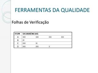 FERRAMENTAS DA QUALIDADE
Folhas de Verificação
 