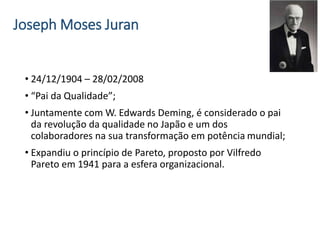 Joseph Moses Juran
• 24/12/1904 – 28/02/2008
• “Pai da Qualidade”;
• Juntamente com W. Edwards Deming, é considerado o pai
da revolução da qualidade no Japão e um dos
colaboradores na sua transformação em potência mundial;
• Expandiu o princípio de Pareto, proposto por Vilfredo
Pareto em 1941 para a esfera organizacional.
 
