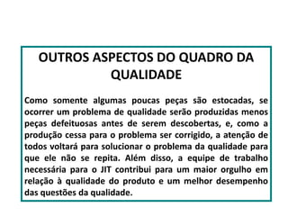 OUTROS ASPECTOS DO QUADRO DA
QUALIDADE
Como somente algumas poucas peças são estocadas, se
ocorrer um problema de qualidade serão produzidas menos
peças defeituosas antes de serem descobertas, e, como a
produção cessa para o problema ser corrigido, a atenção de
todos voltará para solucionar o problema da qualidade para
que ele não se repita. Além disso, a equipe de trabalho
necessária para o JIT contribui para um maior orgulho em
relação à qualidade do produto e um melhor desempenho
das questões da qualidade.
 