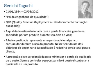 Genichi Taguchi
• 01/01/1924 – 02/06/2012
• “Pai da engenharia da qualidade”;
• QFD (Quality Function Deployment ou desdobramento da função
qualidade);
• A qualidade está relacionada com a perda financeira gerada na
sociedade por um produto durante seu ciclo de vida;
• A baixa qualidade representa uma perda adicional para o
consumidor durante o uso do produto. Nesse sentido um dos
objetivos da engenharia da qualidade é reduzir a perda total para o
cliente;
• A produção deve ser planejada para minimizar a perda da qualidade
ou o custo. Sem se controlar o processo, não é possível controlar a
qualidade de um produto.
 