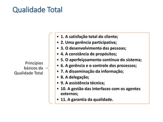 Qualidade Total
Princípios
básicos da
Qualidade Total
• 1. A satisfação total do cliente;
• 2. Uma gerência participativa;
• 3. O desenvolvimento das pessoas;
• 4. A constância de propósitos;
• 5. O aperfeiçoamento contínuo do sistema;
• 6. A gerência e o controle dos processos;
• 7. A disseminação da informação;
• 8. A delegação;
• 9. A assistência técnica;
• 10. A gestão das interfaces com os agentes
externos;
• 11. A garantia da qualidade.
 