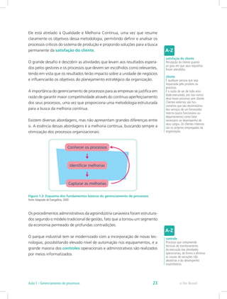 Ele está atrelado à Qualidade e Melhoria Contínua, uma vez que resume
claramente os objetivos dessa metodologia, permitindo definir e analisar os
processos críticos do sistema de produção e propondo soluções para a busca
permanente da satisfação do cliente.
O grande desafio é descobrir as atividades que levam aos resultados espera-
dos pelos gestores e os processos que devem ser escolhidos como relevantes,
tendo em vista que os resultados terão impacto sobre a unidade de negócios
e influenciarão os objetivos do planejamento estratégico da organização.
A importância do gerenciamento de processos para as empresas se justifica em
razão de garantir maior competitividade através do contínuo aperfeiçoamento
dos seus processos, uma vez que proporciona uma metodologia estruturada
para a busca da melhoria contínua.
Existem diversas abordagens, mas não apresentam grandes diferenças entre
si. A essência dessas abordagens é a melhoria contínua, buscando sempre a
otimização dos processos organizacionais:
Figura 1.3: Esquema dos fundamentos básicos do gerenciamento de processos
Fonte:Adaptado de Evangelista, 2000
Os procedimentos administrativos da agroindústria canavieira foram estrutura-
dos segundo o modelo tradicional de gestão, fato que a tornou um segmento
da economia permeado de profundas contradições.
O parque industrial tem se modernizado com a incorporação de novas tec-
nologias, possibilitando elevado nível de automação nos equipamentos, e a
grande maioria dos controles operacionais e administrativos são realizados
por meios informatizados.
satisfação do cliente
Percepção do cliente quanto
ao grau em que seus requisitos
foram atendidos.
cliente
É qualquer pessoa que seja
impactada pelo produto ou
processo.
É a razão de ser de toda ativi-
dade executada, por isso nunca
deve haver processo sem cliente.
Clientes externos são fun-
cionários que são destinatários
dos serviços de um fornecedor
interno (outro funcionário ou
departamento) como fator
necessário ao desempenho de
seus cargos. Os clientes internos
são os próprios empregados da
organização.
controle
Processo que compreende
técnicas de monitoramento
da execução das atividades
operacionais, de forma a eliminar
as causas de variações não
aleatórias e do desempenho
insatisfatório.
e-Tec BrasilAula 1 - Gerenciamento de processos 23
 