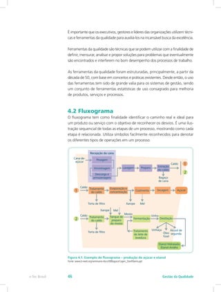 É importante que os executivos, gestores e líderes das organizações utilizem técni-
cas e ferramentas da qualidade para auxiliá-los na incansável busca da excelência.
Ferramentas da qualidade são técnicas que se podem utilizar com a finalidade de
definir, mensurar, analisar e propor soluções para problemas que eventualmente
são encontrados e interferem no bom desempenho dos processos de trabalho.
As ferramentas da qualidade foram estruturadas, principalmente, a partir da
década de 50, com base em conceitos e práticas existentes. Desde então, o uso
das ferramentas tem sido de grande valia para os sistemas de gestão, sendo
um conjunto de ferramentas estatísticas de uso consagrado para melhoria
de produtos, serviços e processos.
4.2 Fluxograma
O fluxograma tem como finalidade identificar o caminho real e ideal para
um produto ou serviço com o objetivo de reconhecer os desvios. É uma ilus-
tração sequencial de todas as etapas de um processo, mostrando como cada
etapa é relacionada. Utiliza símbolos facilmente reconhecidos para denotar
os diferentes tipos de operações em um processo.
Figura 4.1: Exemplo de fluxograma – produção de açúcar e etanol
Fonte: www.b-reed.org/seminario-docs/08BagacoCogen_DanRibeiro.ppt
Gestão da Qualidadee-Tec Brasil 46
 