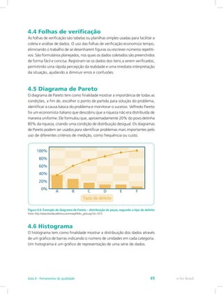 4.4 Folhas de verificação
As folhas de verificação são tabelas ou planilhas simples usadas para facilitar a
coleta e análise de dados. O uso das folhas de verificação economiza tempo,
eliminando o trabalho de se desenharem figuras ou escrever números repetiti-
vos. São formulários planejados, nos quais os dados coletados são preenchidos
de forma fácil e concisa. Registram-se os dados dos itens a serem verificados,
permitindo uma rápida percepção da realidade e uma imediata interpretação
da situação, ajudando a diminuir erros e confusões.
4.5 Diagrama de Pareto
O diagrama de Pareto tem como finalidade mostrar a importância de todas as
condições, a fim de, escolher o ponto de partida para solução do problema,
identificar a causa básica do problema e monitorar o sucesso. Velfredo Pareto
foi um economista italiano que descobriu que a riqueza não era distribuída de
maneira uniforme. Ele formulou que, aproximadamente 20% do povo detinha
80% da riqueza, criando uma condição de distribuição desigual. Os diagramas
de Pareto podem ser usados para identificar problemas mais importantes pelo
uso de diferentes critérios de medição, como frequência ou custo.
Figura 4.6: Exemplo de diagrama de Pareto – distribuição de peças, segundo o tipo de defeito
Fonte: http://www.brasilacademico.com/maxpt/links_goto.asp?id=1015
4.6 Histograma
O histograma tem como finalidade mostrar a distribuição dos dados através
de um gráfico de barras indicando o número de unidades em cada categoria.
Um histograma é um gráfico de representação de uma série de dados.
e-Tec BrasilAula 4 - Ferramentas da qualidade 49
 
