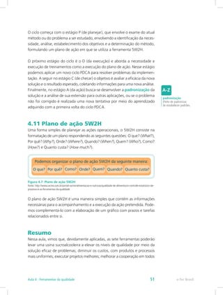 O ciclo começa com o estágio P (de planejar), que envolve o exame do atual
método ou do problema a ser estudado, envolvendo a identificação da neces-
sidade, análise, estabelecimento dos objetivos e a determinação do método,
formulando um plano de ação em que se utiliza a ferramenta 5W2H.
O próximo estágio do ciclo é o D (da execução) e aborda a necessidade e
execução de treinamentos como a execução do plano de ação. Nesse estágio
podemos aplicar um novo ciclo PDCA para resolver problemas da implemen-
tação. A seguir no estágio C (de checar) o objetivo é avaliar a eficácia da nova
solução e o resultado esperado, coletando informações para uma nova análise.
Finalmente, no estágio A (da ação) busca-se desenvolver a padronização da
solução e a análise de sua extensão para outras aplicações, ou se o problema
não foi corrigido é realizada uma nova tentativa por meio do aprendizado
adquirido com a primeira volta do ciclo PDCA.
4.11 Plano de ação 5W2H
Uma forma simples de planejar as ações operacionais, o 5W2H consiste na
formatação de um plano respondendo as seguintes questões: O que? (What?),
Por quê? (Why?), Onde? (Where?), Quando? (When?), Quem? (Who?), Como?
(How?) e Quanto custa? (How much?).
Figura 4.7: Plano de ação 5W2H
Fonte: http://www.racine.com.br/portal-racine/alimentacao-e-nutricao/qualidade-de-alimentos/o-controle-estatistico-de-
processo-e-as-ferramentas-da-qualidade
O plano de ação 5W2H é uma maneira simples que contém as informações
necessárias para o acompanhamento e a execução da ação pretendida. Pode-
mos complementá-lo com a elaboração de um gráfico com prazos e tarefas
relacionados entre si.
Resumo
Nessa aula, vimos que, devidamente aplicadas, as sete ferramentas poderão
levar uma usina sucroalcooleira a elevar os níveis de qualidade por meio da
solução eficaz de problemas; diminuir os custos, com produtos e processos
mais uniformes; executar projetos melhores; melhorar a cooperação em todos
padronização
Efeito de padronizar,
de estabelecer padrões.
e-Tec BrasilAula 4 - Ferramentas da qualidade 51
 