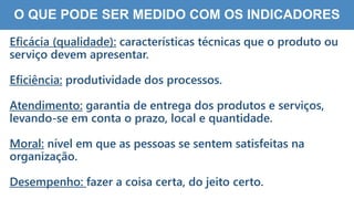 5
6
O QUE PODE SER MEDIDO COM OS INDICADORES
Eficácia (qualidade): características técnicas que o produto ou
serviço devem apresentar.
Eficiência: produtividade dos processos.
Atendimento: garantia de entrega dos produtos e serviços,
levando-se em conta o prazo, local e quantidade.
Moral: nível em que as pessoas se sentem satisfeitas na
organização.
Desempenho: fazer a coisa certa, do jeito certo.
 