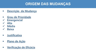 8
1
ORIGEM DAS MUDANÇAS
 Descrição da Mudança
 Grau de Prioridade
 Emergencial
 Alta
 Média
 Baixa
 Justificativa
 Plano de Ação
 Verificação de Eficácia
 