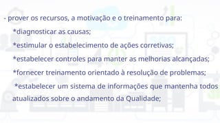 - prover os recursos, a motivação e o treinamento para:
*diagnosticar as causas;
*estimular o estabelecimento de ações corretivas;
*estabelecer controles para manter as melhorias alcançadas;
*fornecer treinamento orientado à resolução de problemas;
*estabelecer um sistema de informações que mantenha todos
atualizados sobre o andamento da Qualidade;
 