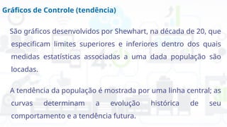 Gráficos de Controle (tendência)
São gráficos desenvolvidos por Shewhart, na década de 20, que
especificam limites superiores e inferiores dentro dos quais
medidas estatísticas associadas a uma dada população são
locadas.
A tendência da população é mostrada por uma linha central; as
curvas determinam a evolução histórica de seu
comportamento e a tendência futura.
 
